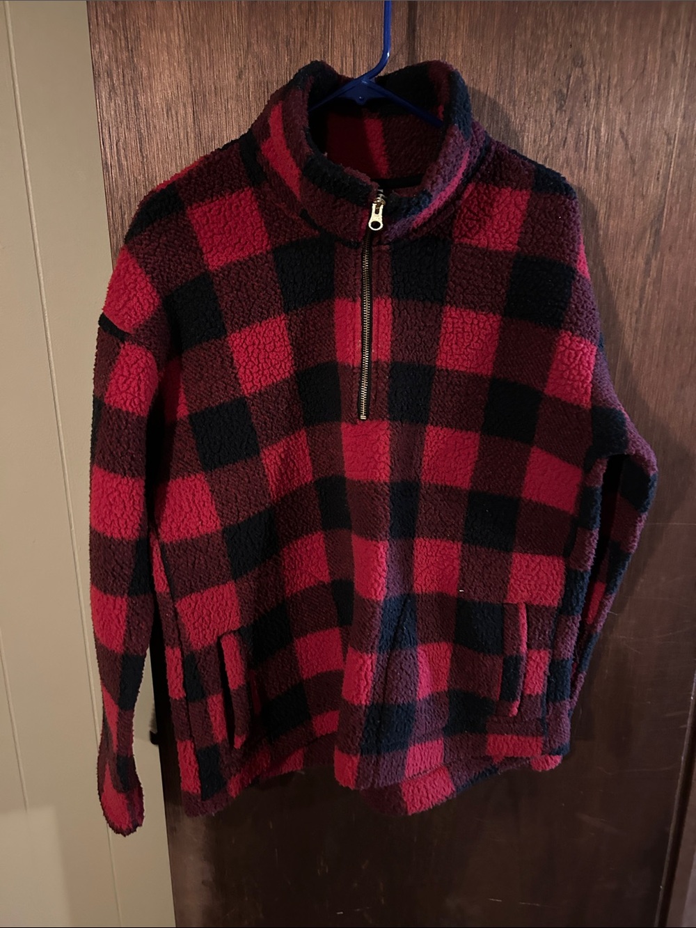 Old Navy Red and Black Buffalo Plaid Sherpa Half-Zip Pullover